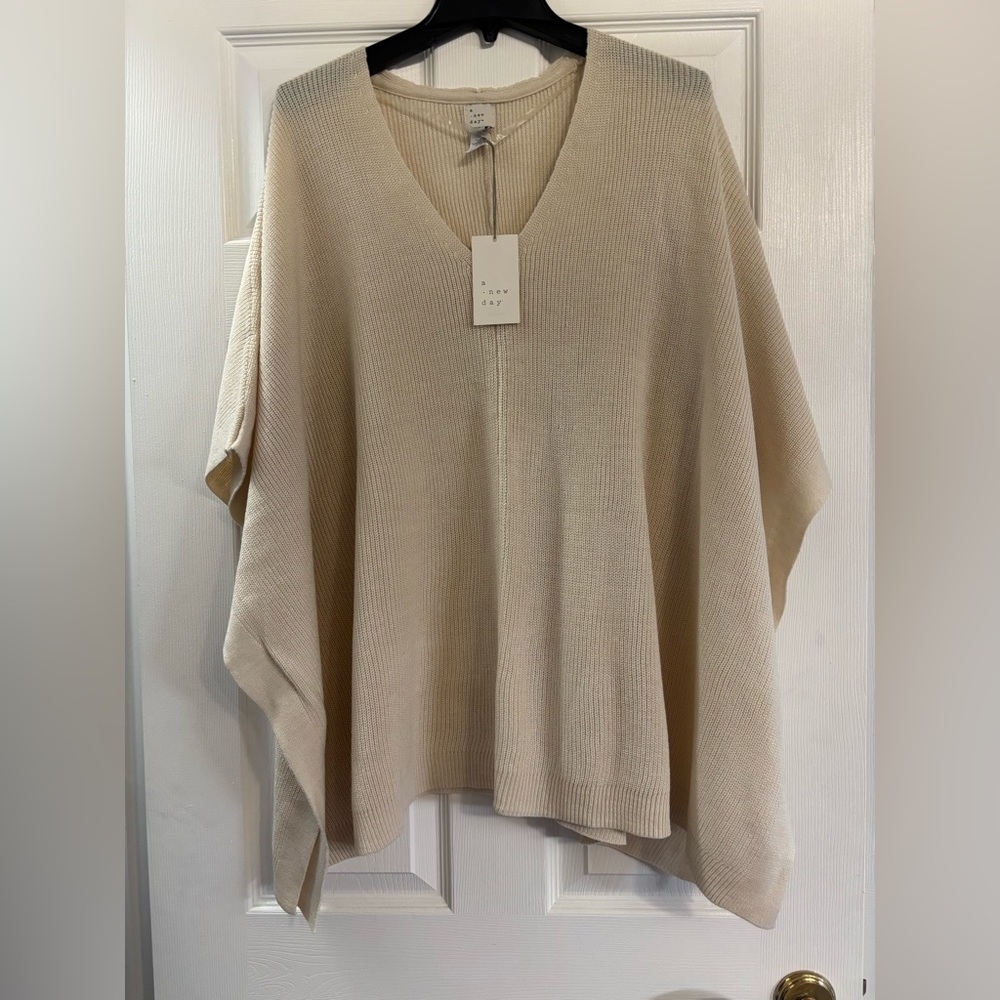 A New Day Cream V-Neck Knit Poncho